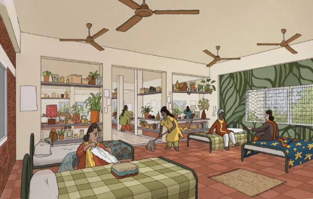 Dormitory interior with women socializing and personalizing space by Jack Sweet