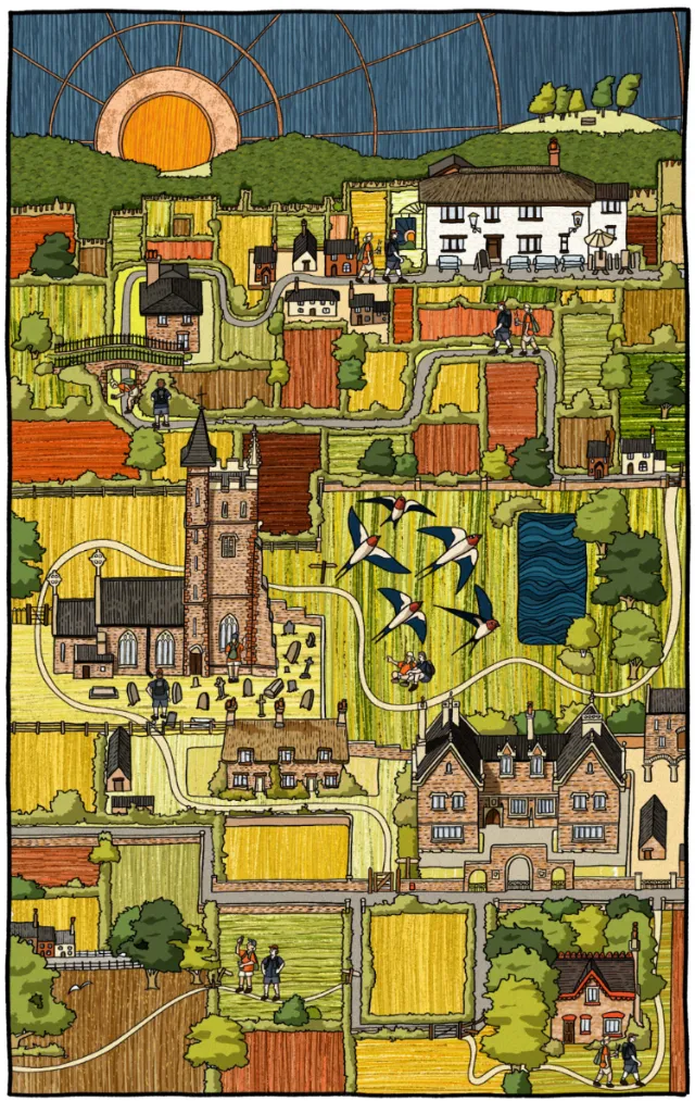 Abstract map of a Somerset countryside with houses and fields by Jack Sweet