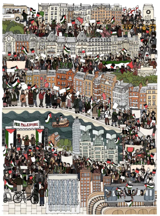Palestine Solidarity Poster by Jack Sweet showing London demonstration crowd