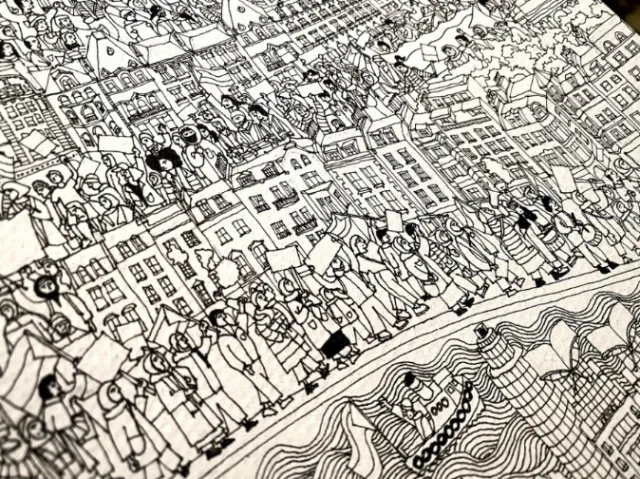 Black and white detailed illustration of a large crowd at a Palestine solidarity protest by Jack Swe