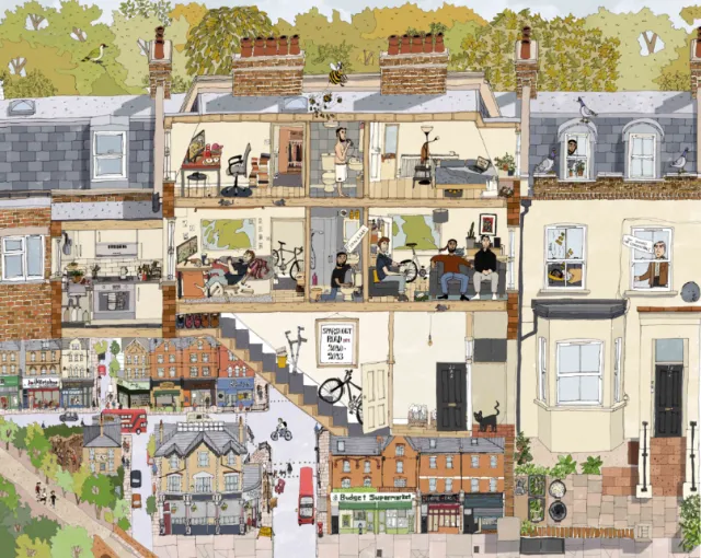 Cross-section illustration of a North London maisonette with daily life scenes by Jack Sweet