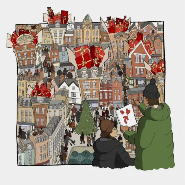 Illustration of miniature city scene with two people holding cards by Jack Sweet