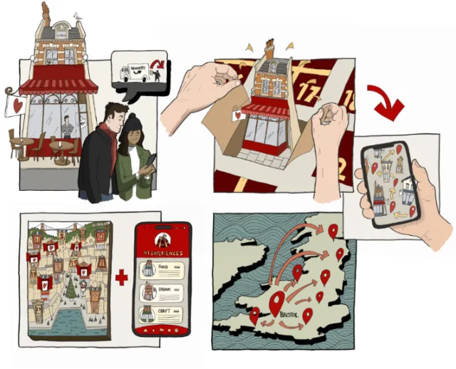 Illustrations of Love Local Calendars project by Jack Sweet showing Bristol and app interaction