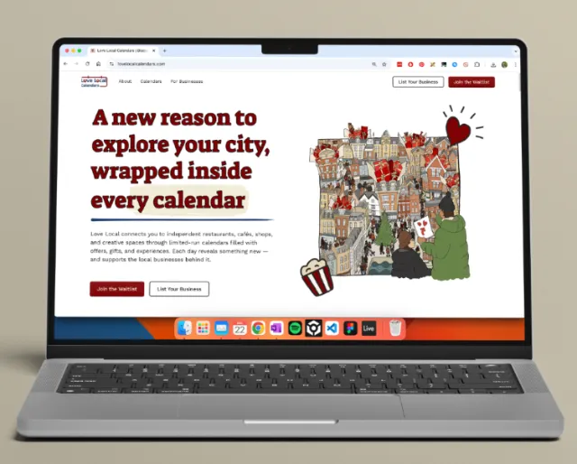 Laptop displaying Love Local Calendars website with a miniature city illustration by Jack Sweet