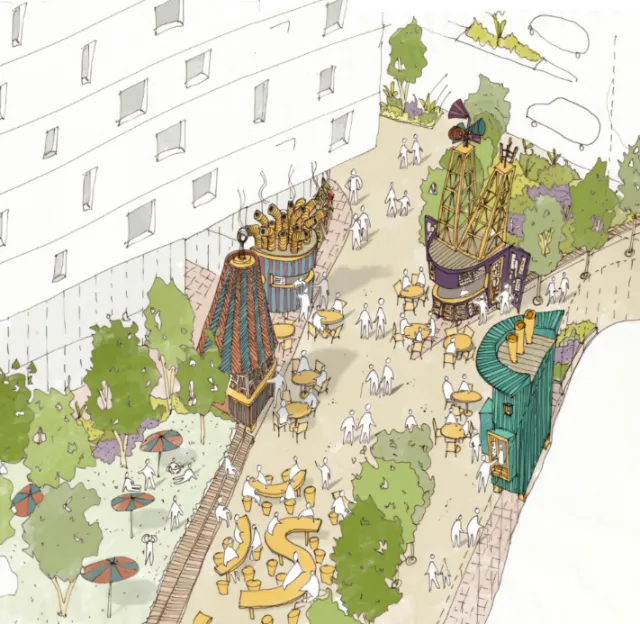 Illustration of a pedestrian public space with kiosks and community seating by Jack Sweet