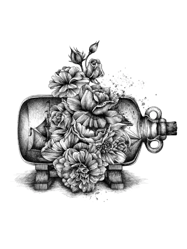Black and white bottle with blooming flowers by Miosis