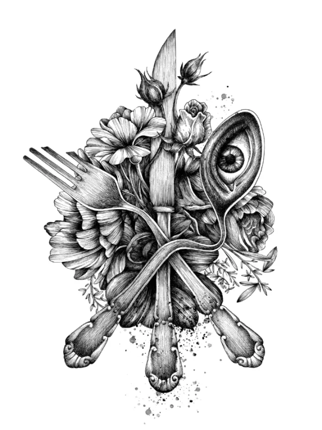 Black and white sketch of cutlery intertwined with flowers by Miosis