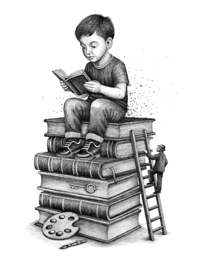Boy reading a book while sitting on stacked books by Miosis