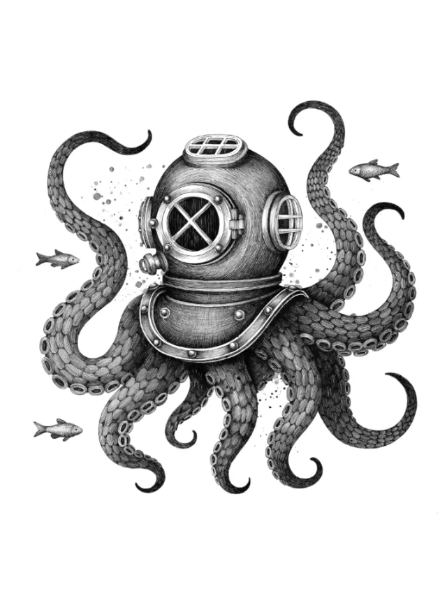 Marine life artwork with diving octopus concept