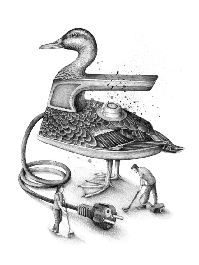 Depiction of workers interacting with machine like duck