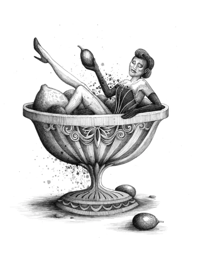Woman relaxing inside an ornate fruit bowl by Miosis