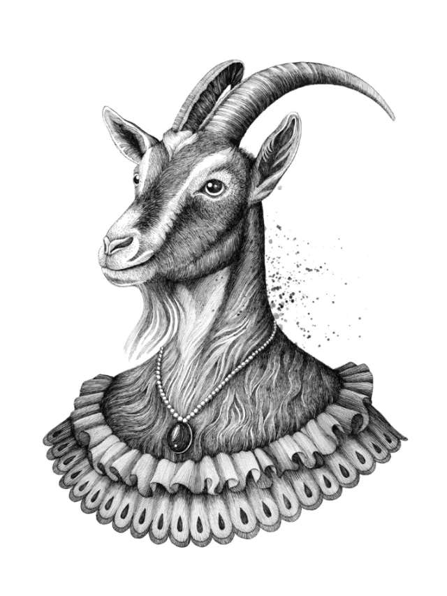 Detailed black and white portrait of a goat with human-like features by Miosis