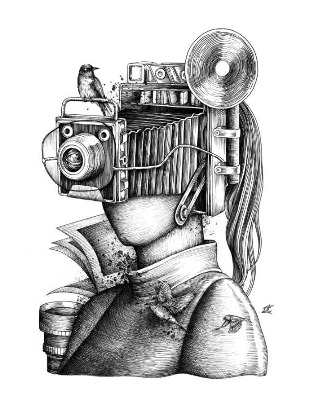 Surreal drawing of a person with a camera for a head by Miosis
