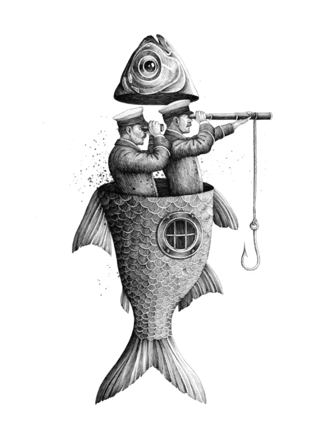 Fantasy artwork featuring sea creature as naval officer