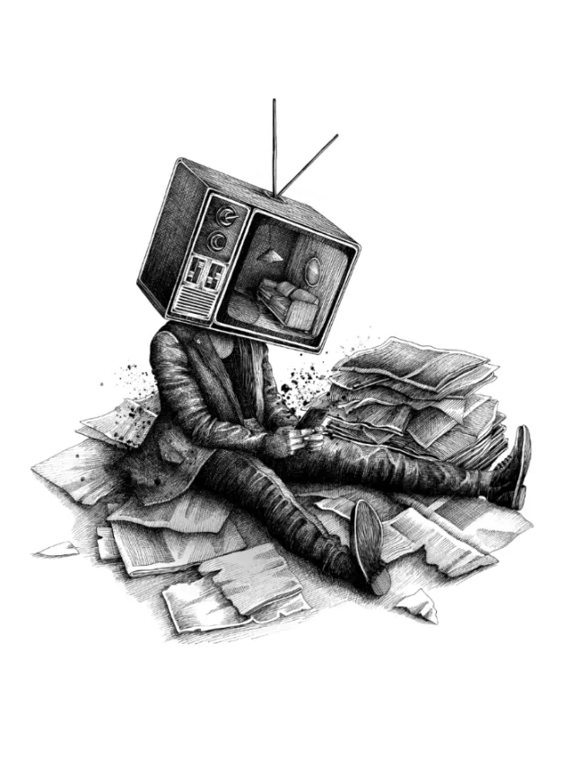 Surreal figure with television head sitting among scattered papers by Miosis