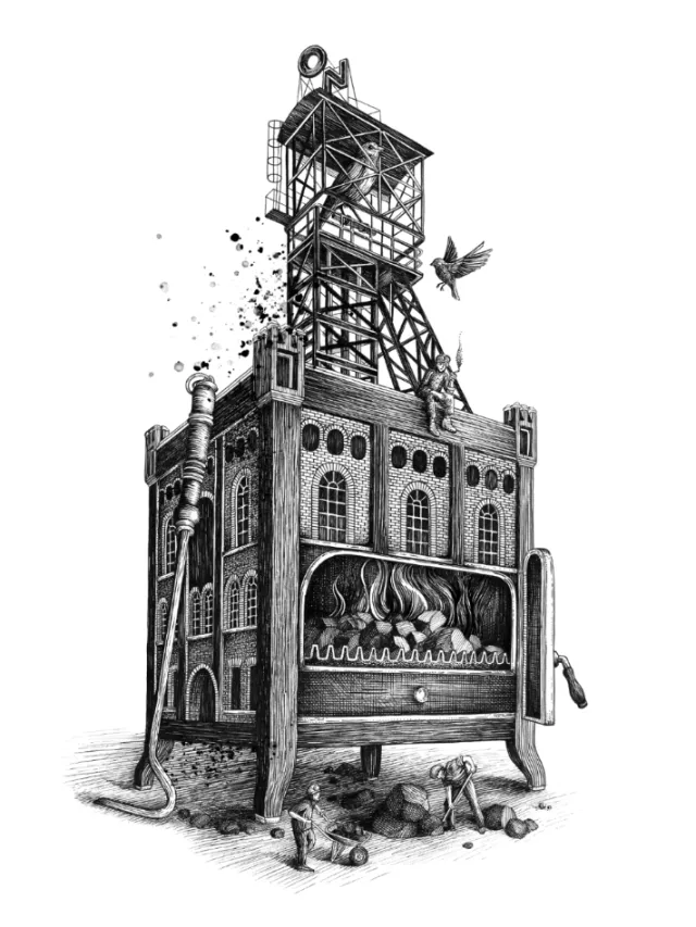 Black and white drawing of a coal mine building with furnace and small figures by Miosis