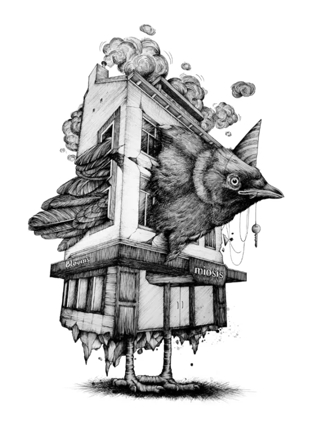 Surreal black bird combined with architectural building by artist Miosis