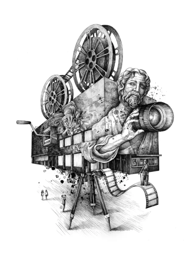 Retro cinema equipment combined with human sculpture design