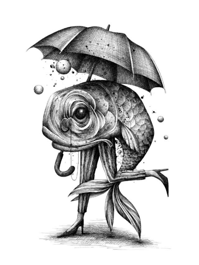 Surreal fish walking with umbrella, by Miosis