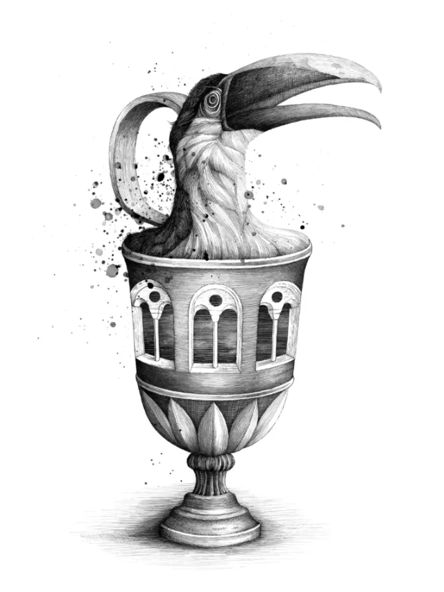 Black and white illustration of a toucan emerging from an ornate chalice by Miosis