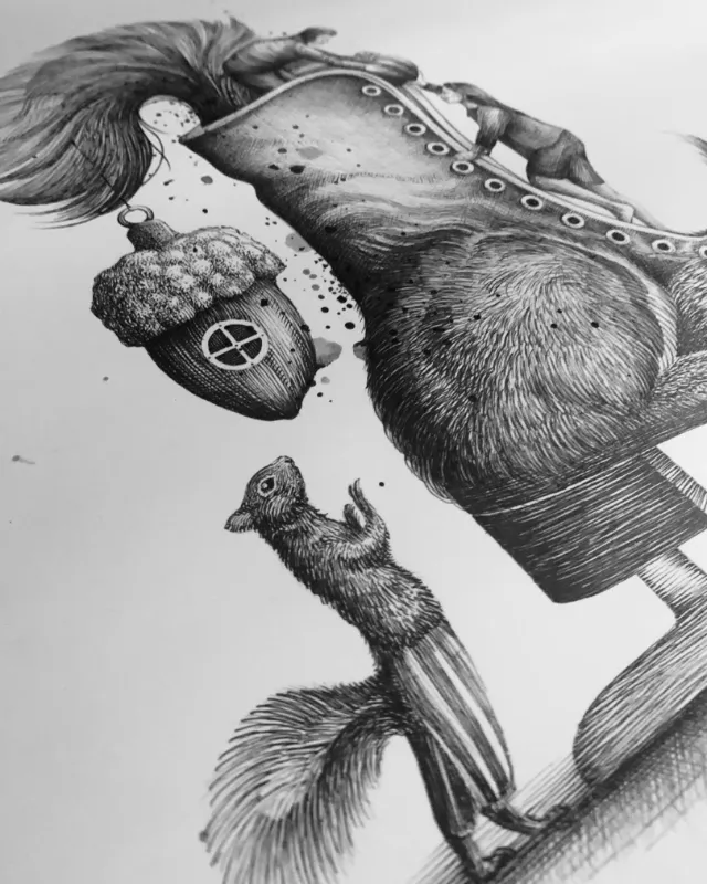 Surreal black and white drawing of horse and squirrel by Miosis