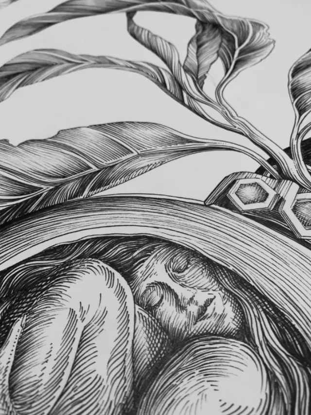 Close-up surreal drawing of a face and plant by Miosis