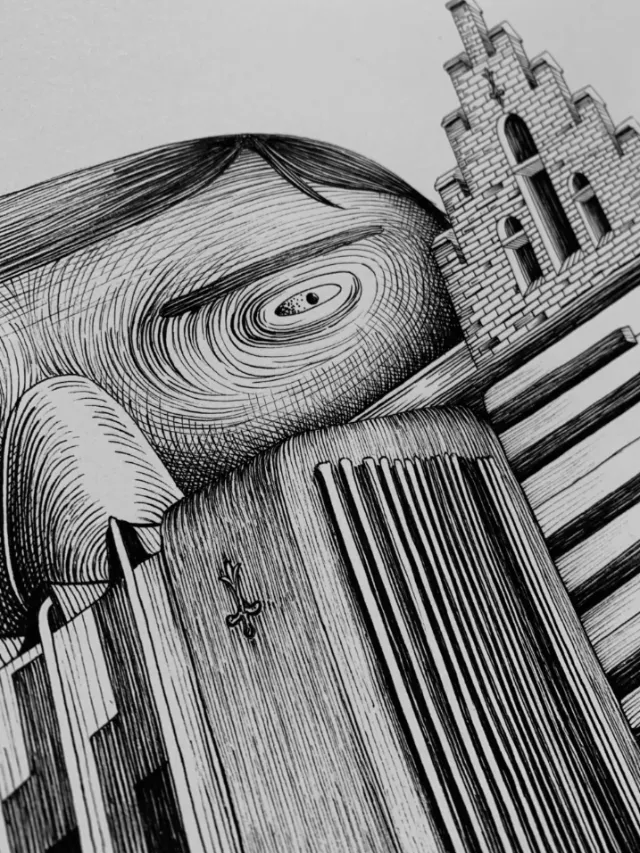 Close-up of abstract black and white engraving by Miosis