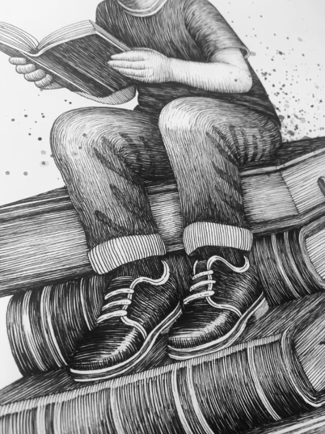 Close-up drawing of person reading a book, seated on large stacked books by Miosis
