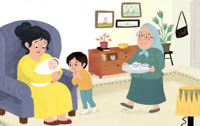 Family scene with mother holding baby, young boy, and grandmother with tea tray by Dalia Awad