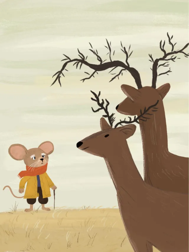 Mouse in winter clothing facing two deer near a bare tree by Dalia Awad