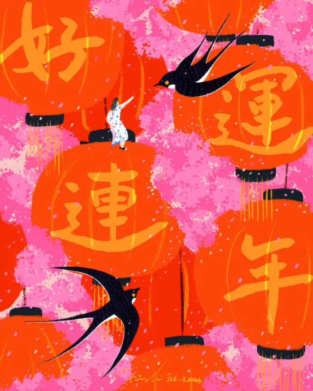 Red Chinese lanterns with black birds and cat, art by Xinping Li