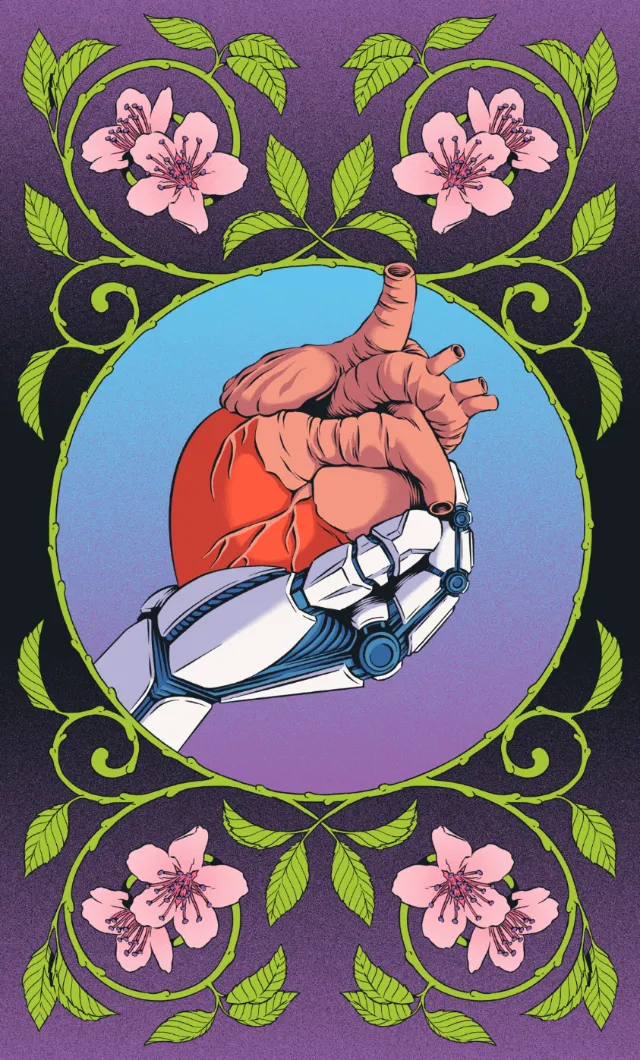 Illustration shows a human heart held by a robotic arm with floral decoration by Andreu Zaragoza