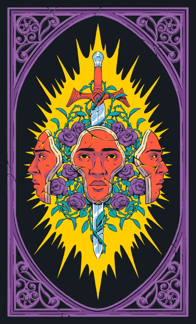 Illustration of a three-faced head, dagger, and roses by Andreu Zaragoza