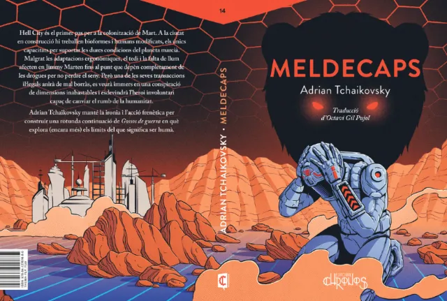Cover illustration of Meldecaps book by Adrian Tchaikovsky, featuring futuristic landscape and robot