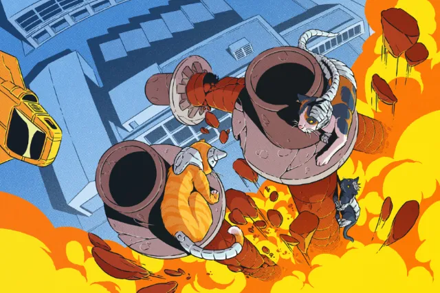 Dynamic explosive scene with giant robotic arms in city by Andreu Zaragoza