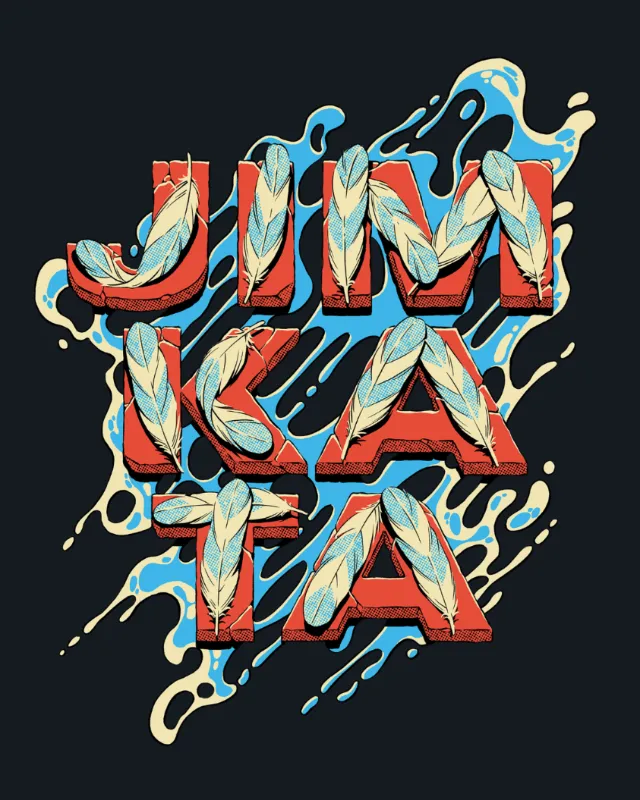 Jimkata text with blue and red graphic design by Andreu Zaragoza