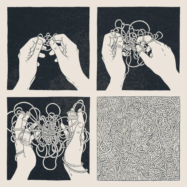 Hands struggling to untangle cords, artwork by Andreu Zaragoza