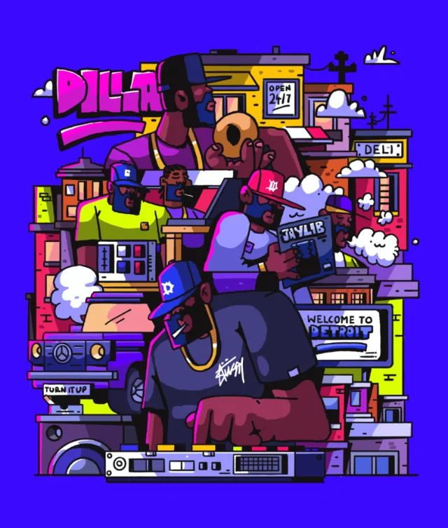 Colorful J Dilla-themed poster by Mpumelelo Bhengu with Detroit city elements
