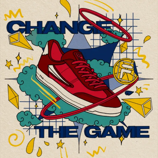 Red sneaker surrounded by geometric shapes and 'Change The Game' text by Tuhina Sharma