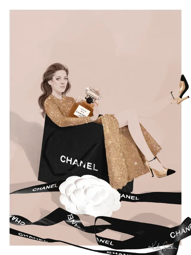 Illustration of Marion Cotillard holding Chanel No.5 perfume by Kelly Smith