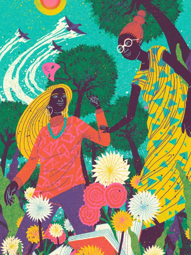 Two women in colorful clothes in nature with trees, flowers, and birds by Zansky