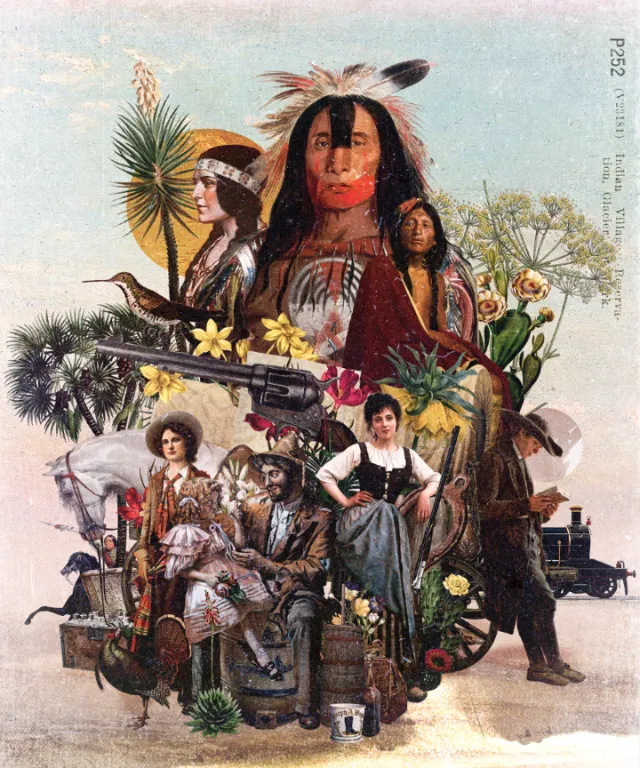 Western-themed artwork by Patrick Boyer with Native Americans and settlers