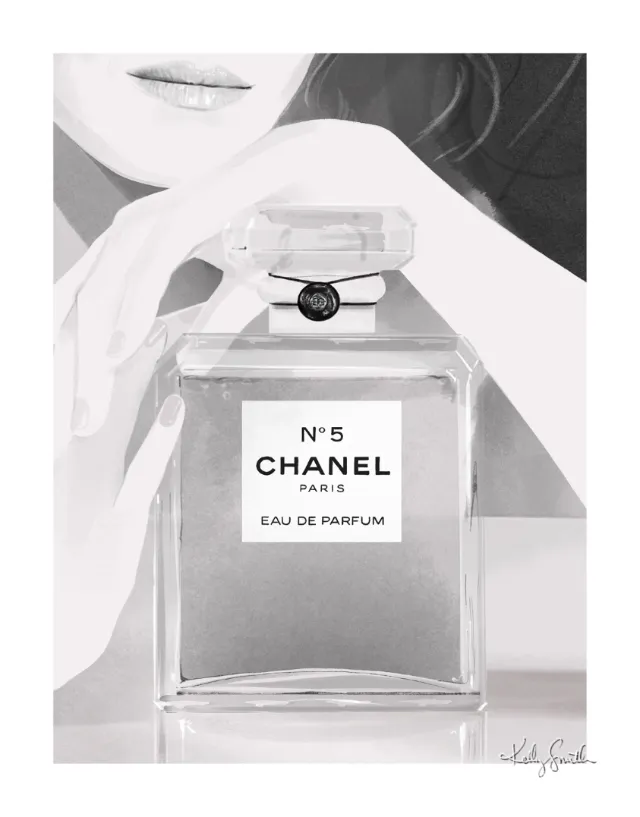 Black and white illustration of Chanel No 5 perfume bottle with hand, by Kelly Smith