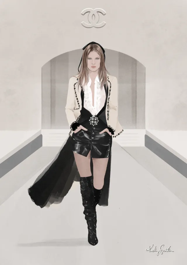 Model walking runway in Chanel Fall Winter 2006 outfit, artwork by Kelly Smith