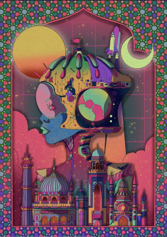 Portrait featuring planets and detailed structures