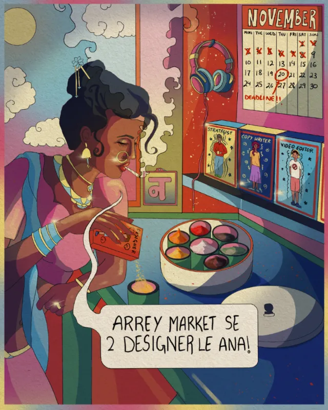 Woman shopping for sarees in market, calendar in background by Tuhina Sharma
