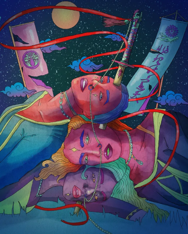 Fantasy artwork showing feminine faces blending under moonlight