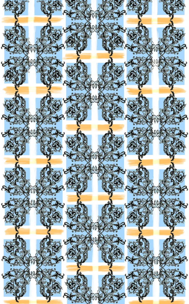 Geometric blue and orange pattern artwork by Elly Azizian