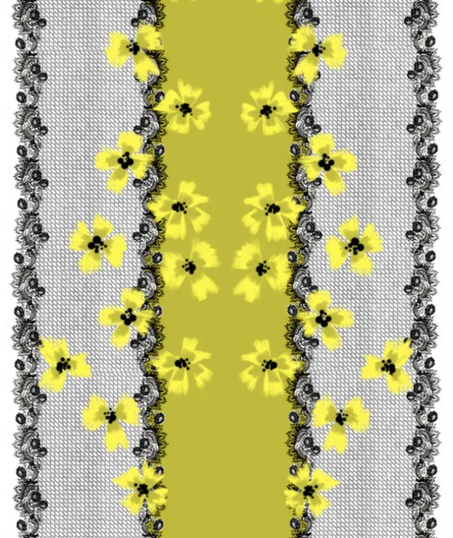 Yellow floral pattern with black lace on mesh background by Elly Azizian