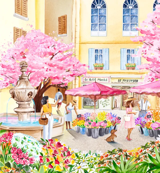 Colorful Provence market scene with flower stalls and pink trees by Enya Todd